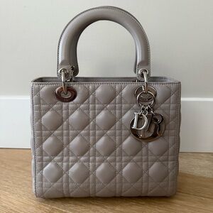 VINTAGE Lady Dior Bag Cannage Quilt Lambskin Medium authentic gray silver